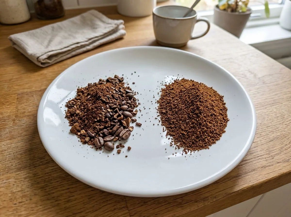 Lado a lado: café moído irregular, com pó e pedaços grandes, e café moído uniforme